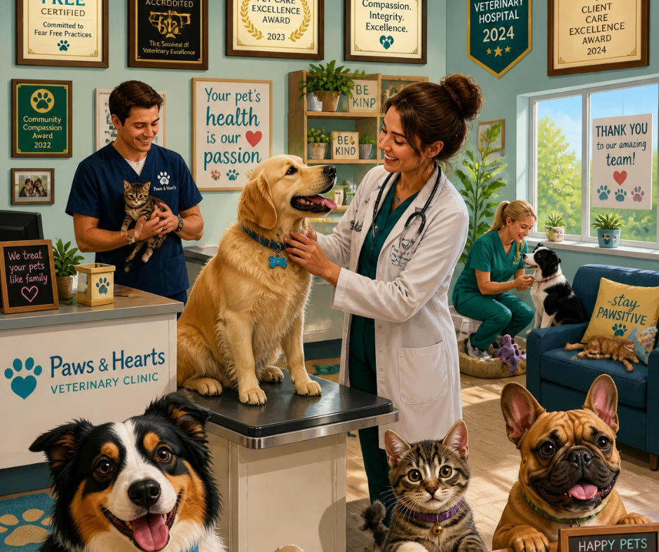 Independent veterinary clinic staff greeting client and pet in community practice