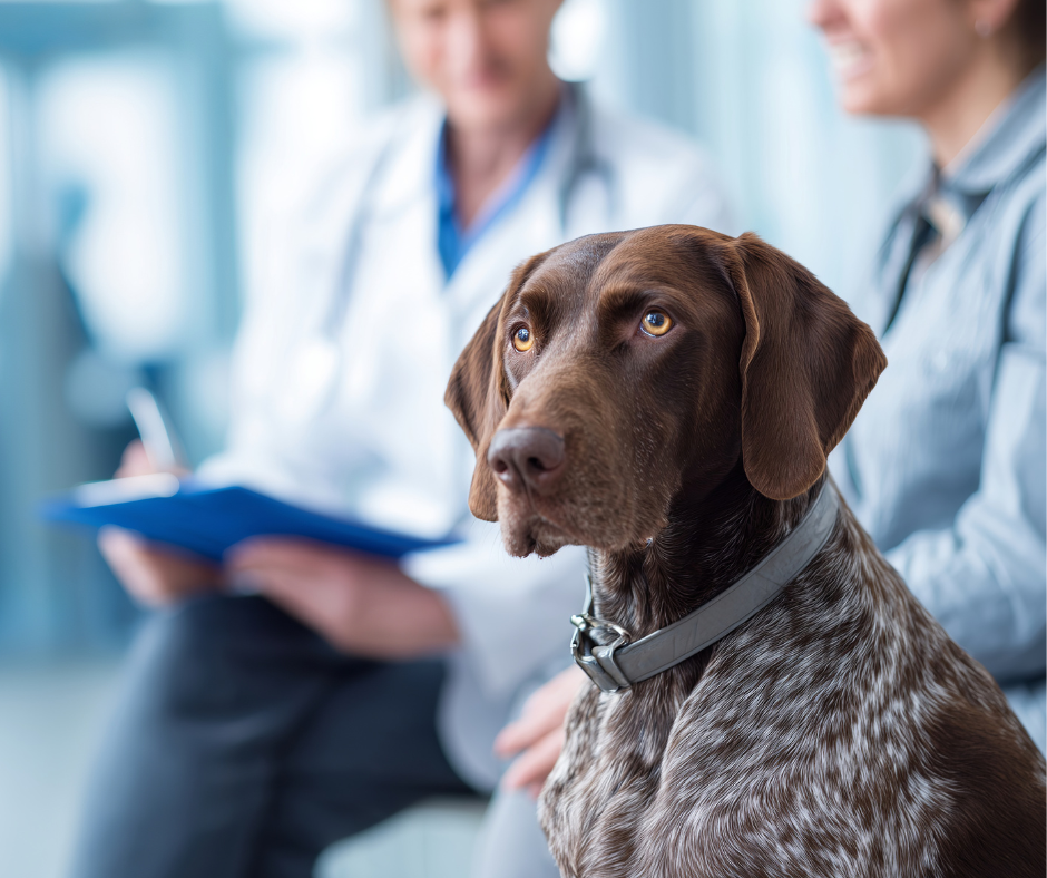 A dog sitting in front of a doctor